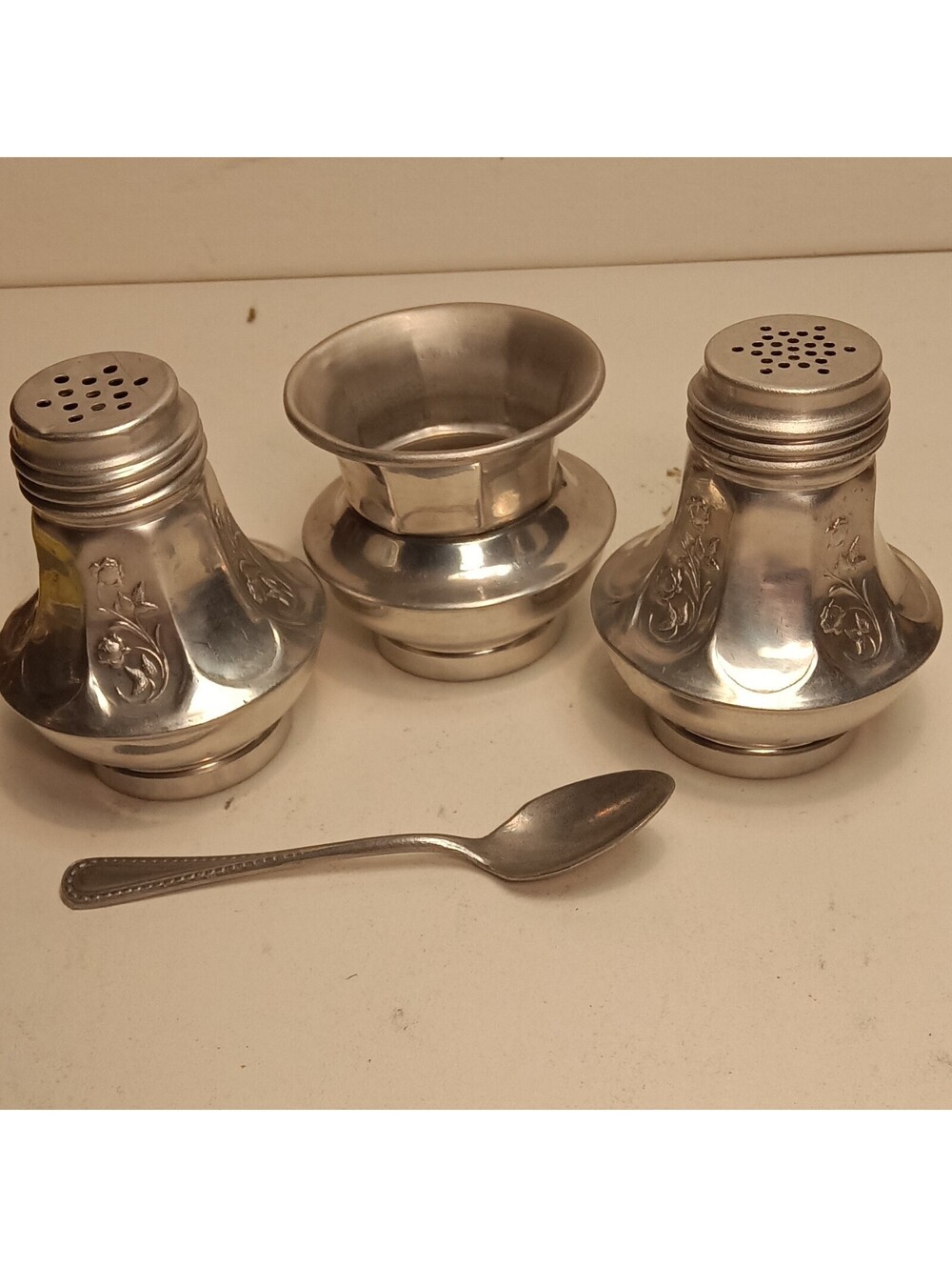 Aluminum Cruet Set, Repousse Floral Salt Pepper with Stamped Matching Spoon